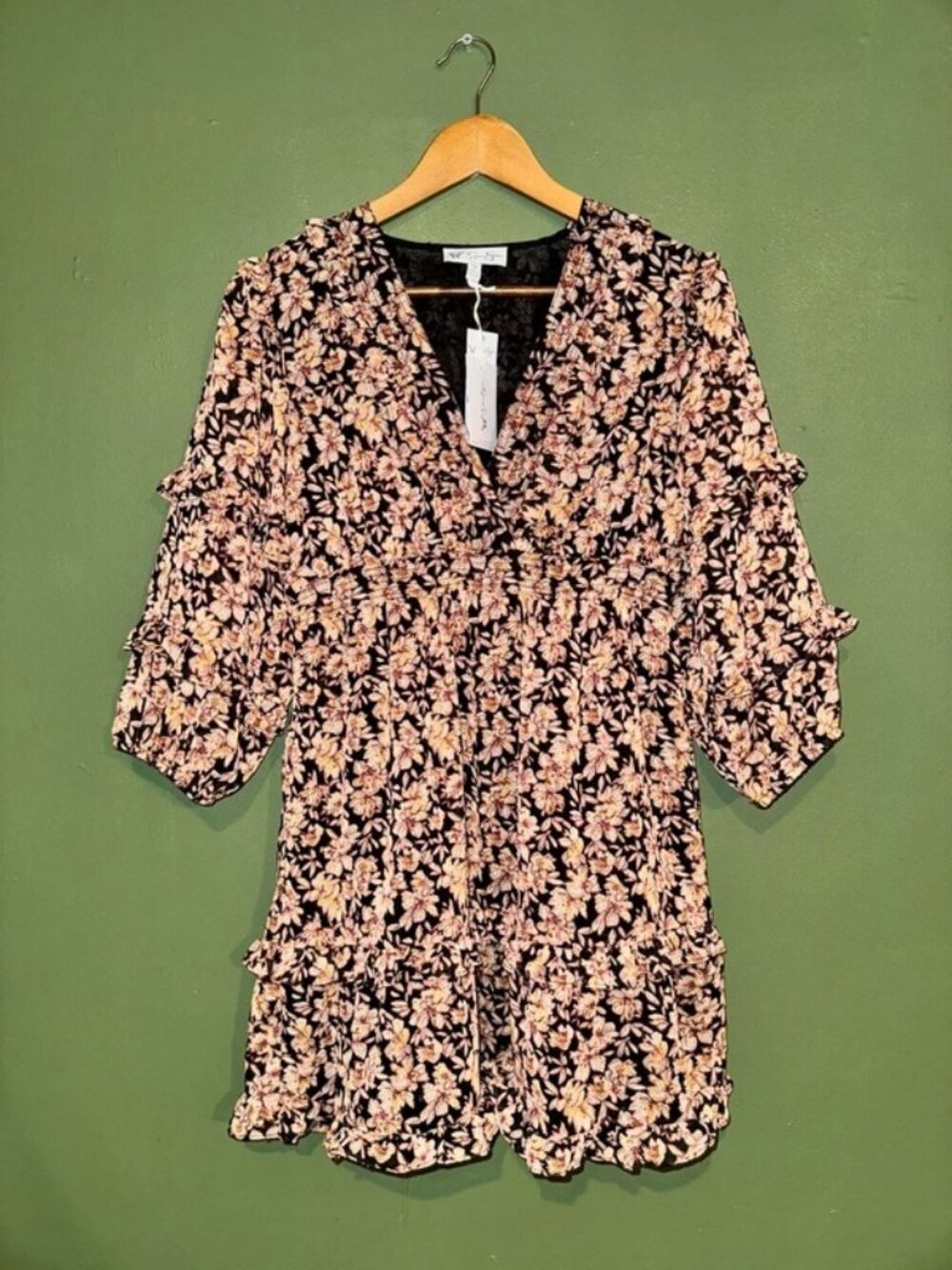 Jessica Simpson Black Pink Floral Ruffle Wrap Mini Dress Boho NWT Size XS